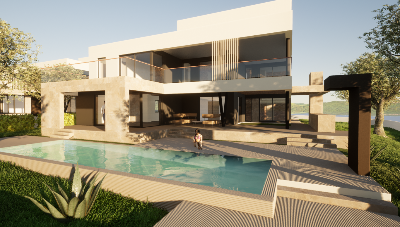 Moderne Architektur eines Hauses mit Pool, Terrasse und umliegendem Grün.